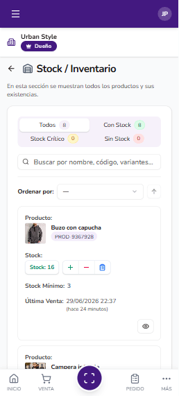 Stock e Inventario - vista mobile